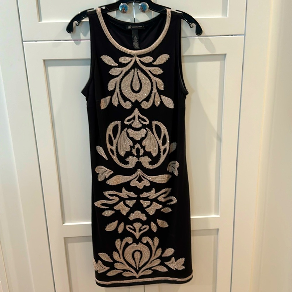 INC International Concepts Knit Sheath Sleeveless Beaded Applique Dress Black M
